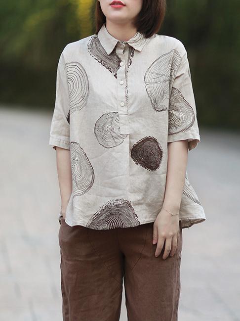 flowersverse Ramie Cotton Loose Annual Ring Pattern Shirt Tops