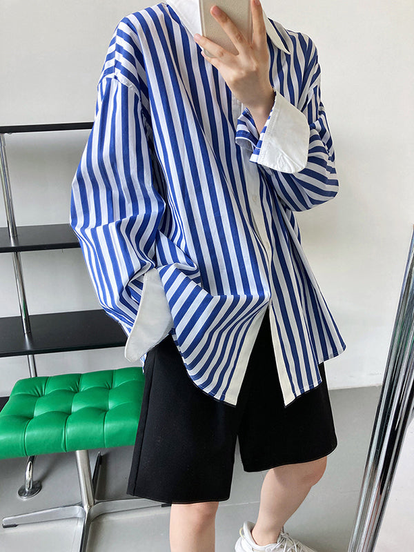 flowersverse Simple Long Sleeves Contrast Color Striped Lapel Blouse Top