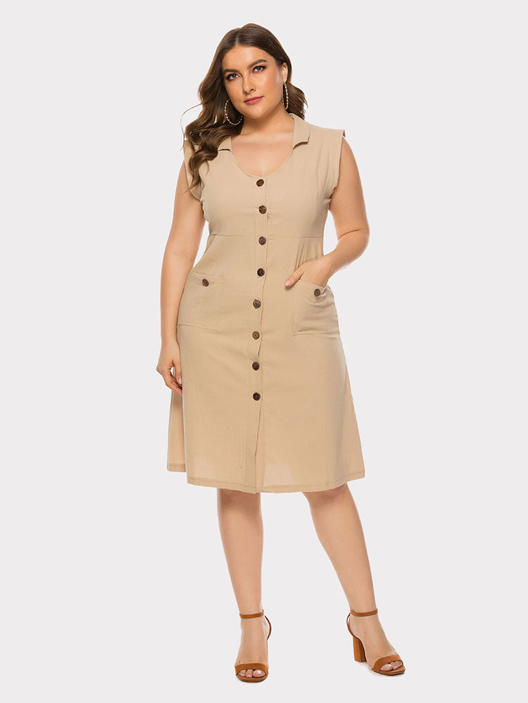 flowersverse Plus Size Sleevelss Buttons Midi Dress