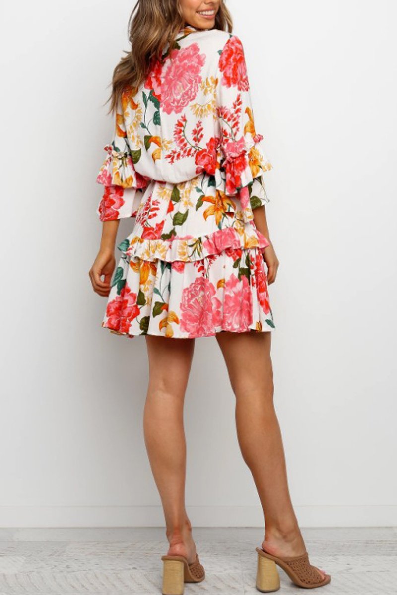 flowersverse Floral Print Round Neck Dress(With Belt)