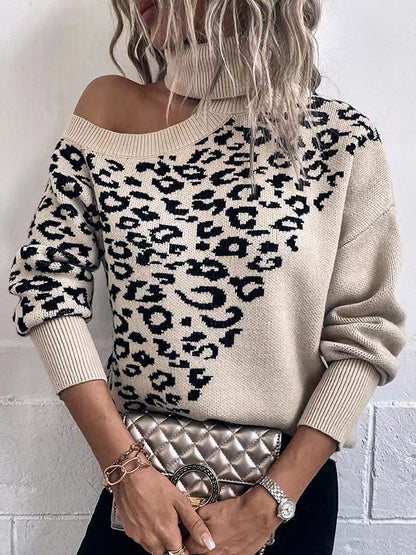 flowersverse Hollow Leopard Long Sleeves Loose High Neck Sweater Tops Pullovers Knitwear