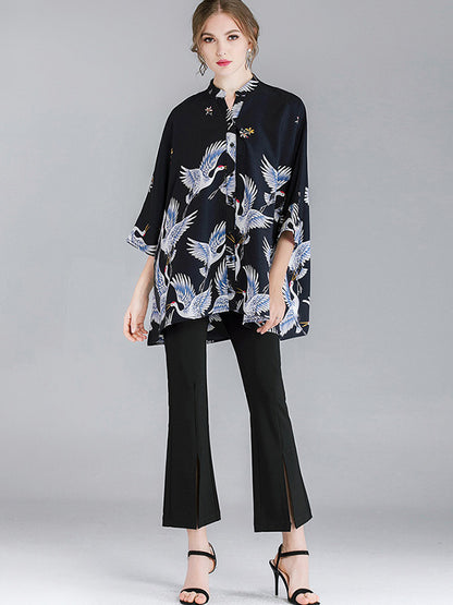 flowersverse Original Crane Printed Buttoned Stand Collar Half Sleeves Blouse