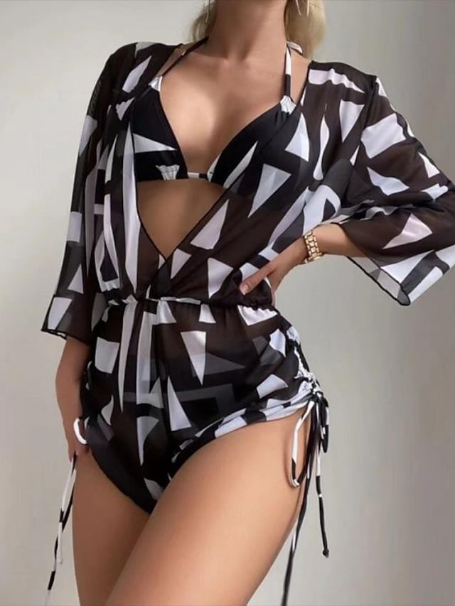 flowersverse Women's Swimwear Bikini Normal Swimsuit 3-Piece Printing Leaf Geometic Black Orange Green Bathing Suits Sports Beach Wear Summer