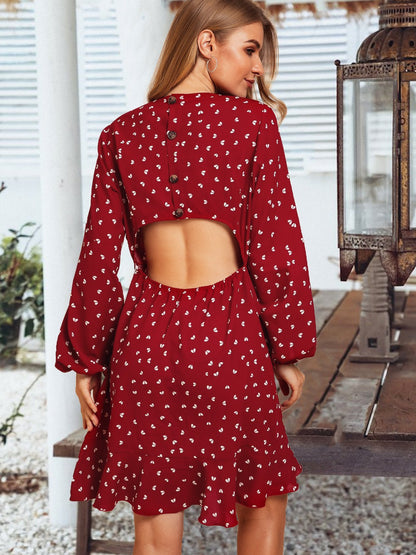 flowersverse Red Long Sleeve Chiffon Weaving Dress