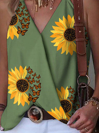 flowersverse Flower Print Split-Joint Sleeveless V-Neck Vest Top