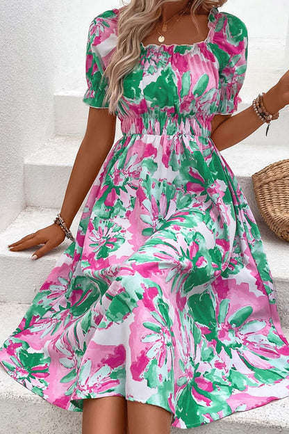 flowersverse Vibrant Floral Frill Trim Square Neck Midi Dress