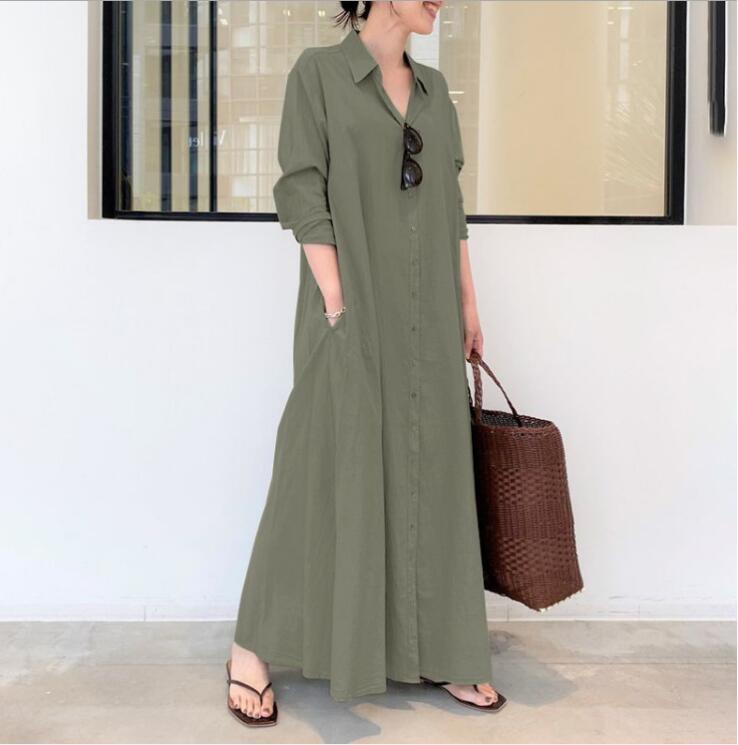 flowersverse Cotton And Linen Loose Casual Long Shirt Dress