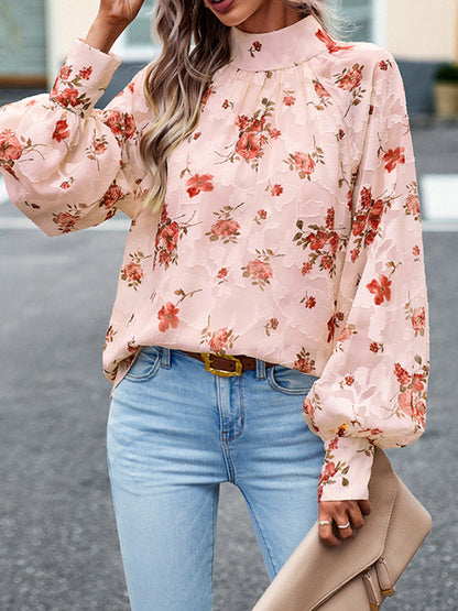 flowersverse Flower Print Tied Long Sleeves Loose Mock Neck Blouses&Shirts Tops