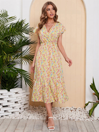 flowersverse Chiffon Printed One Sleeve Large Swing Holiday Beach Dress