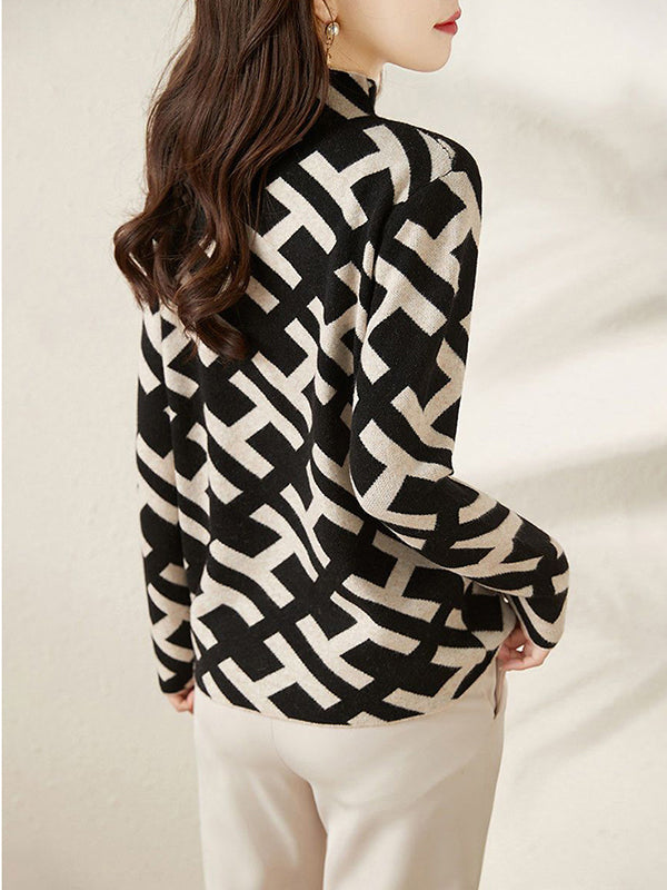 flowersverse Original Skinny Long Sleeves Contrast Color Jacquard High-Neck Sweater Tops