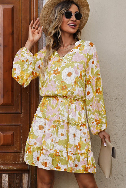 flowersverse Floral Frill Trim Puff Sleeve Notched Neck Dress