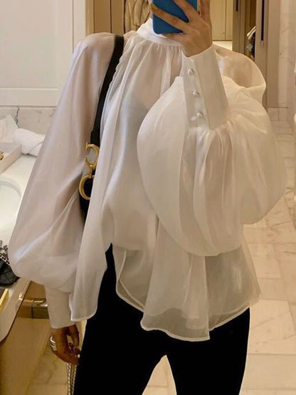 flowersverse Urban Black&White Puff Sleeves High-Neck Blouse