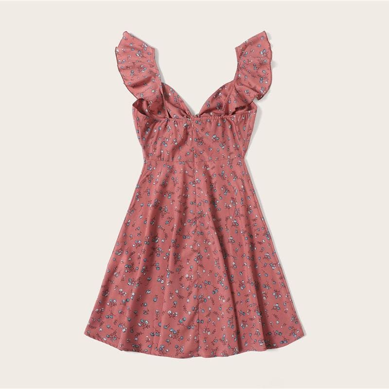 flowersverse Boho Ditsy Floral Knot Neck Ruffle Trim Summer Dress