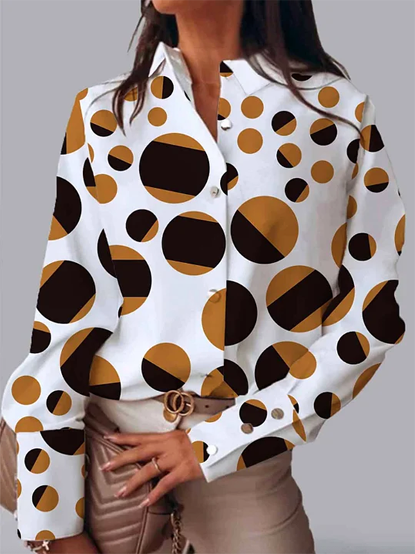 flowersverse Buttoned Contrast Color Polka-Dot Long Sleeves Loose Lapel Blouses&Shirts Tops