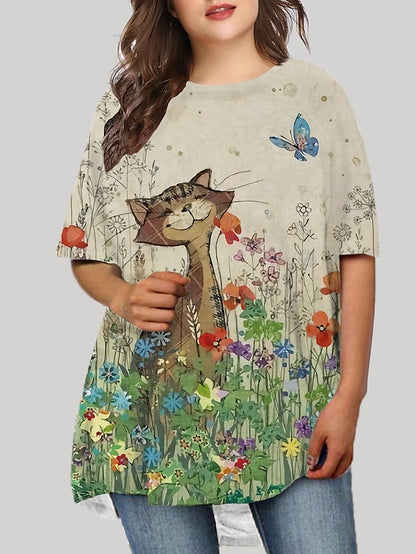 flowersverse Women's Plus Size T Shirt Dress Tee Dress Floral Crew Neck Print Half Sleeve Fall Spring Basic Short Mini Dress Causal Daily Dress / Graphic / Cat