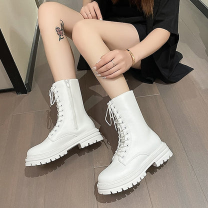 flowersverse Autumn Boots   Women's Boots Martin Boots Plus Size Lace Up Boots Daily Walking Zipper Chunky Heel Round Toe Elegant Casual Comfort Walking Shoes Faux Leather Lace-up Solid Color Black White