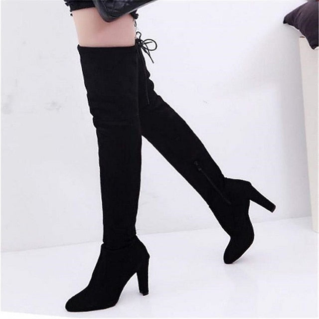 flowersverse Autumn Boots  Women's Boots Plus Size Heel Boots Daily Over The Knee Boots Crotch High Boots Winter Lace-up Chunky Heel Pointed Toe Sweet Suede Loafer Solid Colored Black Red Gray
