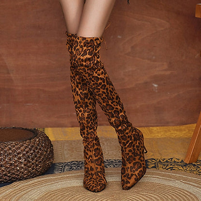 flowersverse Autumn Boots  Women's Boots Heel Boots Daily Over The Knee Boots Winter High Heel Pointed Toe Leopard Tiger Leopard White leopard Tiger pattern