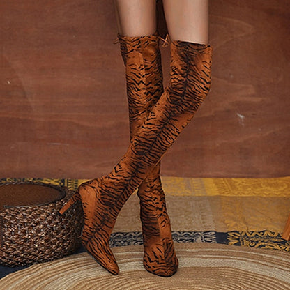 flowersverse Autumn Boots  Women's Boots Heel Boots Daily Over The Knee Boots Winter High Heel Pointed Toe Leopard Tiger Leopard White leopard Tiger pattern