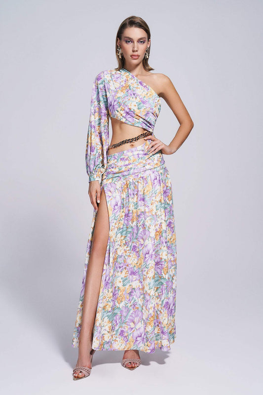 flowersverse Camila One Shoulder Floral Slit Maxi Dress - Purple
