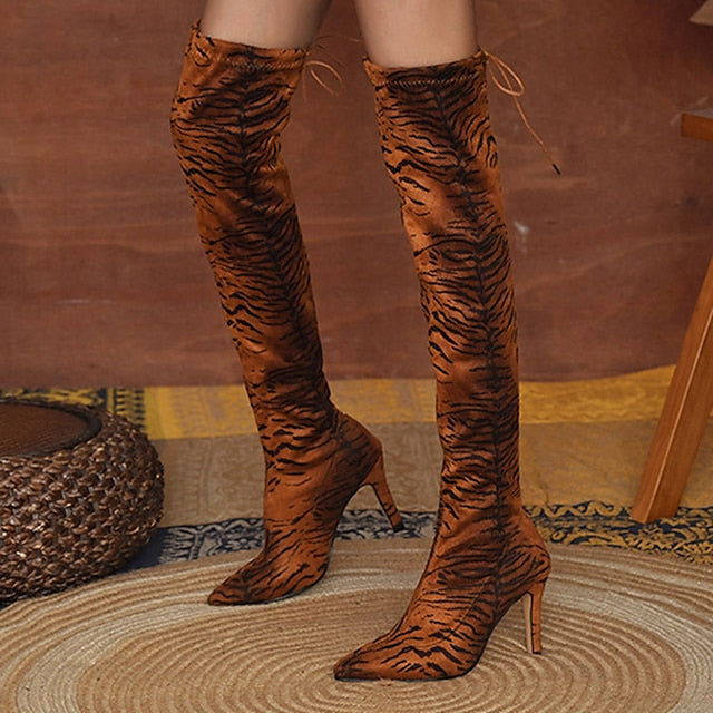 flowersverse Autumn Boots  Women's Boots Heel Boots Daily Over The Knee Boots Winter High Heel Pointed Toe Leopard Tiger Leopard White leopard Tiger pattern