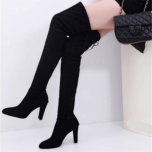 flowersverse Autumn Boots  Women's Boots Plus Size Heel Boots Daily Over The Knee Boots Crotch High Boots Winter Lace-up Chunky Heel Pointed Toe Sweet Suede Loafer Solid Colored Black Red Gray