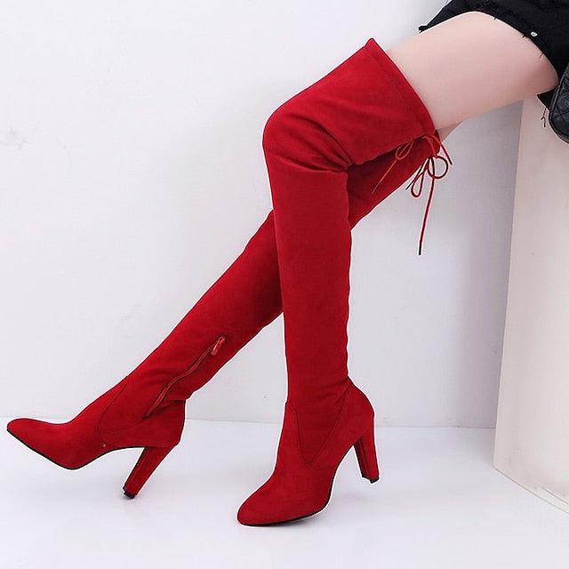 flowersverse Autumn Boots  Women's Boots Plus Size Heel Boots Daily Over The Knee Boots Crotch High Boots Winter Lace-up Chunky Heel Pointed Toe Sweet Suede Loafer Solid Colored Black Red Gray