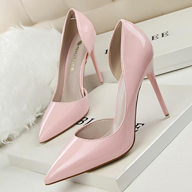 New Women pumps Elegant pointed toe patent leather office lady Shoes Spring Summer High heels Wedding Bridal Shoes