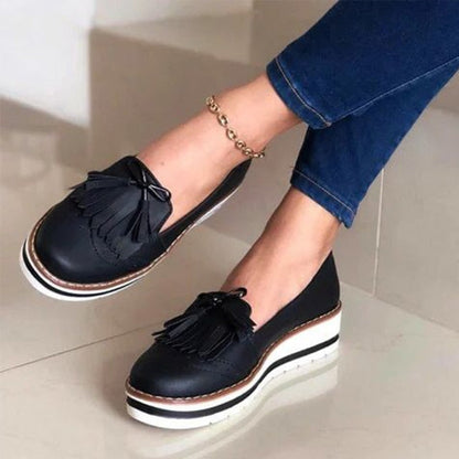 flowersverse Women Tassel Bowtie Loafers Woman Slip On Sneakers Ladies Soft PU Leather Sewing Flat Platform Female Shoes All Seasons