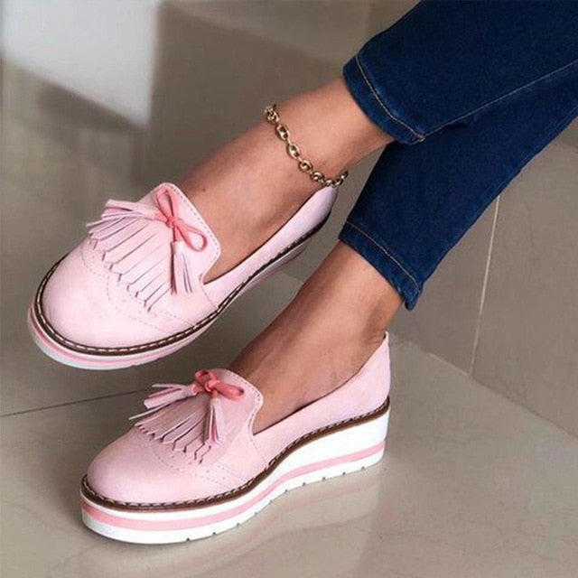 flowersverse Women Tassel Bowtie Loafers Woman Slip On Sneakers Ladies Soft PU Leather Sewing Flat Platform Female Shoes All Seasons