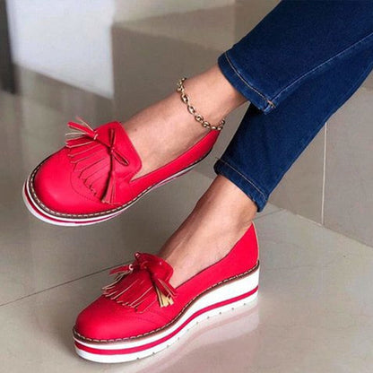 flowersverse Women Tassel Bowtie Loafers Woman Slip On Sneakers Ladies Soft PU Leather Sewing Flat Platform Female Shoes All Seasons