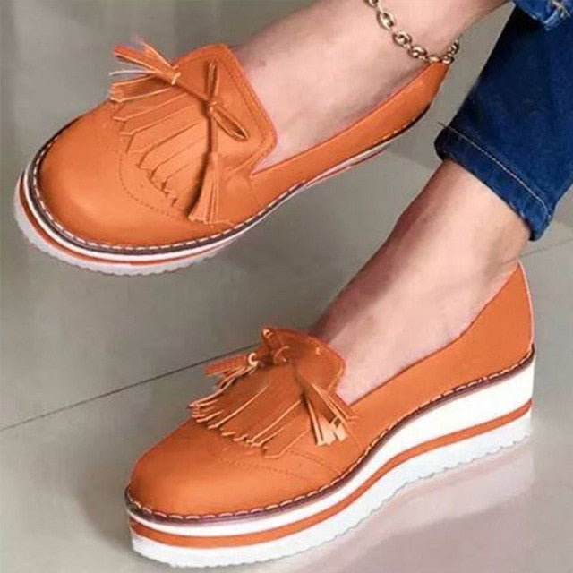 flowersverse Women Tassel Bowtie Loafers Woman Slip On Sneakers Ladies Soft PU Leather Sewing Flat Platform Female Shoes All Seasons