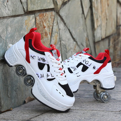 Hot Shoes Casual Sneakers Walk Roller Skates Deform Runaway Four Wheeled Skates for Adult Men Women Unisex Child