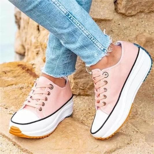 flowersverse Women's Solid Color Canvas Lace-up High-heeled Thick-soled Breathable Non-slip Comfortable Fashion Casual Sneakers-0404
