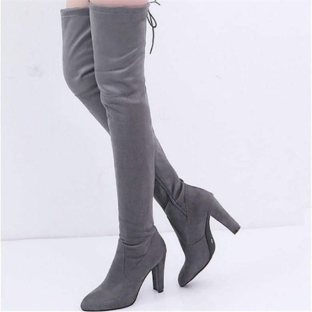 flowersverse Autumn Boots  Women's Boots Plus Size Heel Boots Daily Over The Knee Boots Crotch High Boots Winter Lace-up Chunky Heel Pointed Toe Sweet Suede Loafer Solid Colored Black Red Gray