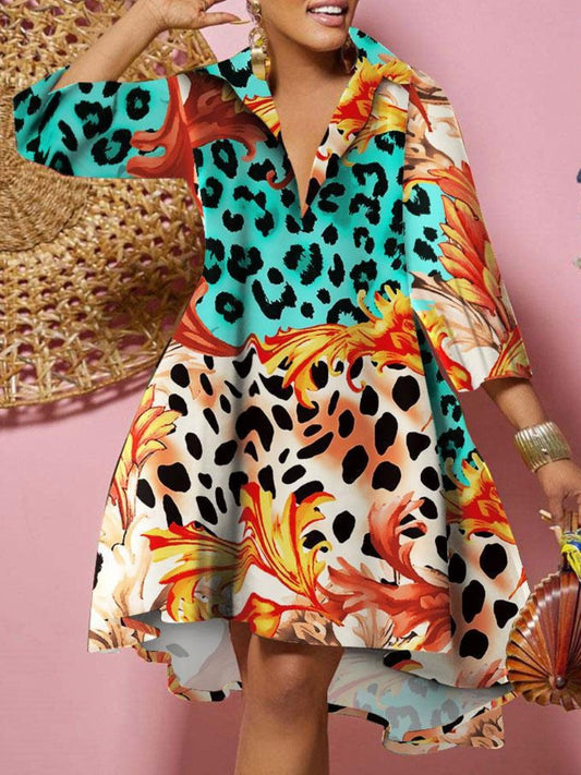 flowersverse Plus Size Leopard Floral Print A Line Dress AC2063