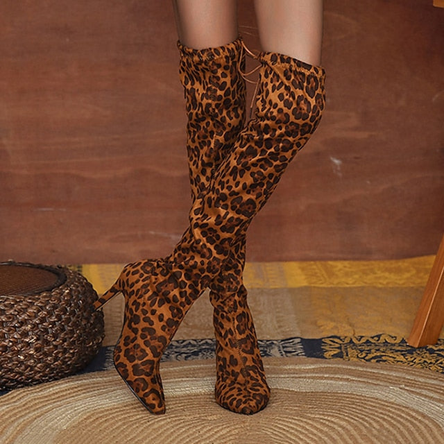 flowersverse Autumn Boots  Women's Boots Heel Boots Daily Over The Knee Boots Winter High Heel Pointed Toe Leopard Tiger Leopard White leopard Tiger pattern